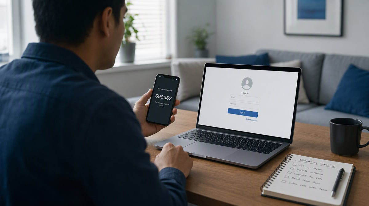 Remote employee entering a multi-factor authentication code from a phone to sign in to a training system on a laptop