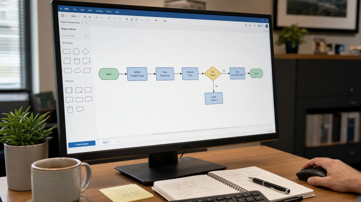 Desk monitor showing a process diagramming tool with a basic flowchart of start, step and decision shapes