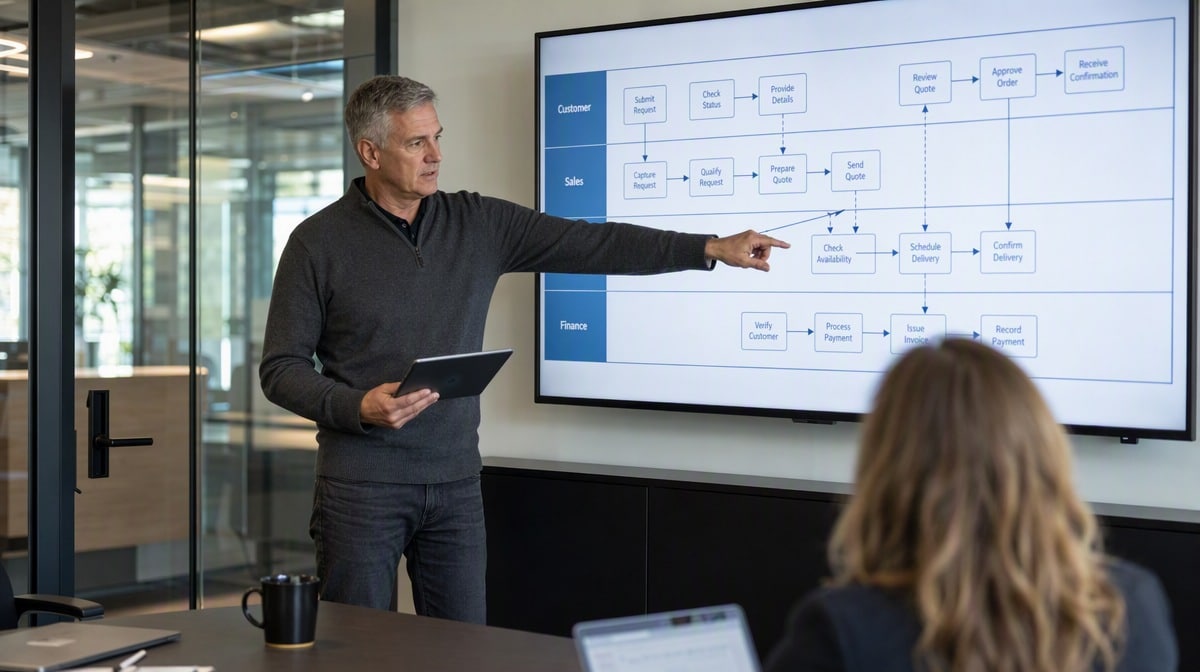 Analyst presenting a swimlane diagram with customer, sales and finance lanes on a boardroom display