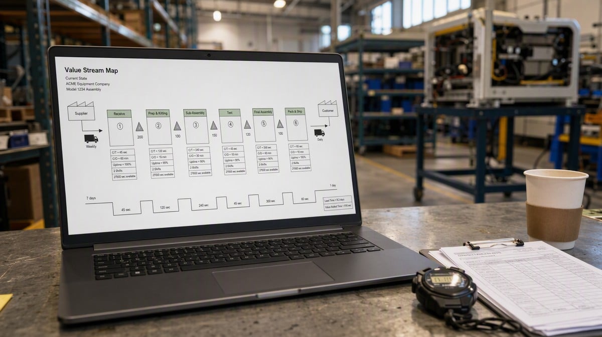 Laptop on a factory work table displaying a current state value stream map with cycle time data boxes