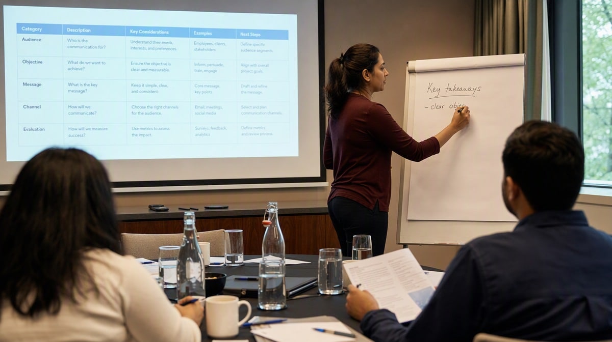 Facilitator writing on a flip chart beside a projected five column process scoping table in a training room