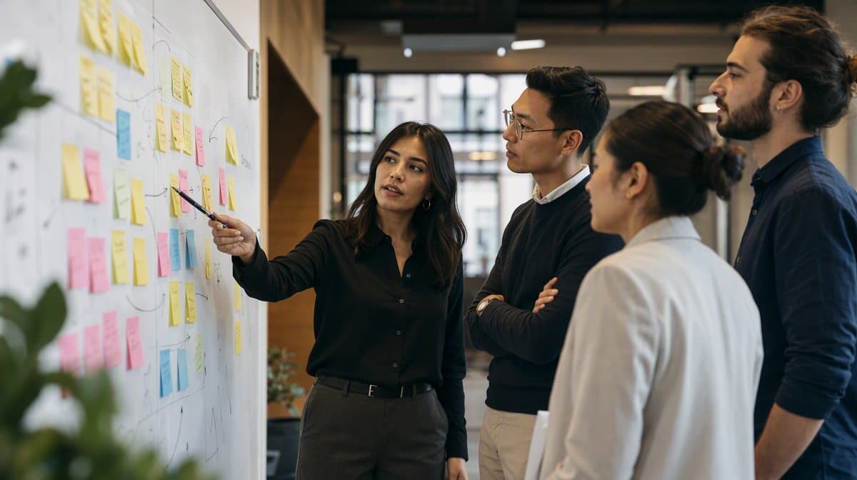 Team working through a management problem together at a whiteboard of sticky notes