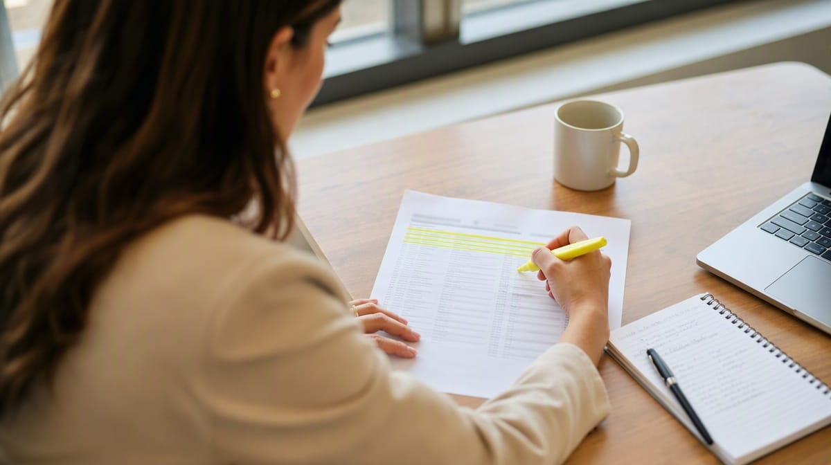 Manager highlighting the highest priority rows on a printed list of open problems