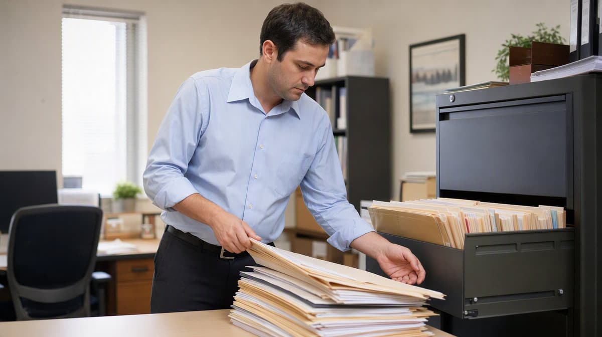 Payroll administrator pulling timecard and payroll folders from a filing cabinet to assemble an evidence pack for an audit