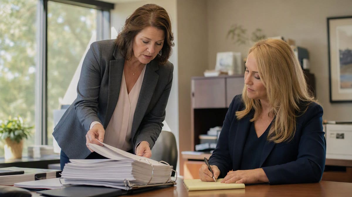Compliance manager turning the pages of a binder of documented procedures beside a seated auditor taking notes on a legal pad