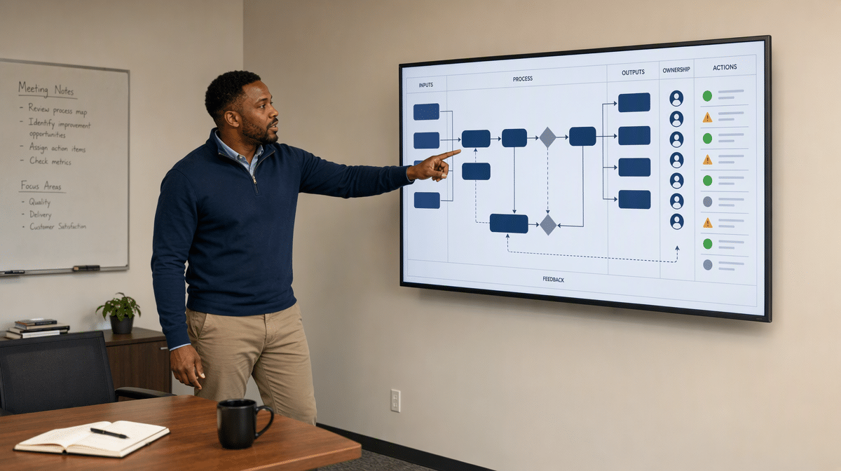 Quality manager reviewing a continual improvement process map