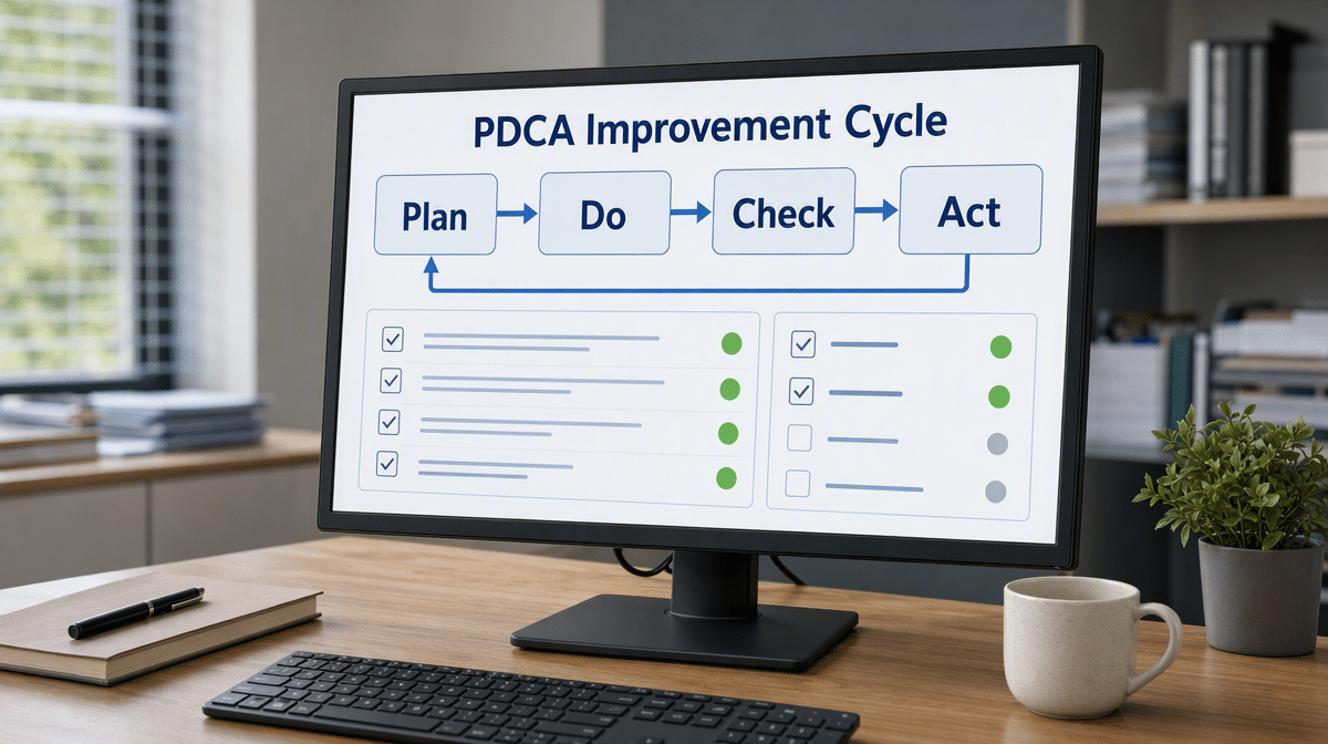 Plan Do Check Act cycle beside an ISO procedure checklist