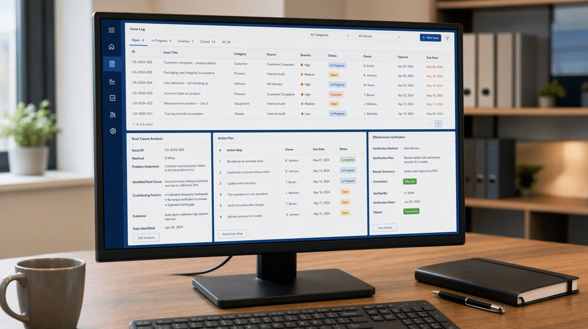 Corrective action dashboard showing root cause and effectiveness checks