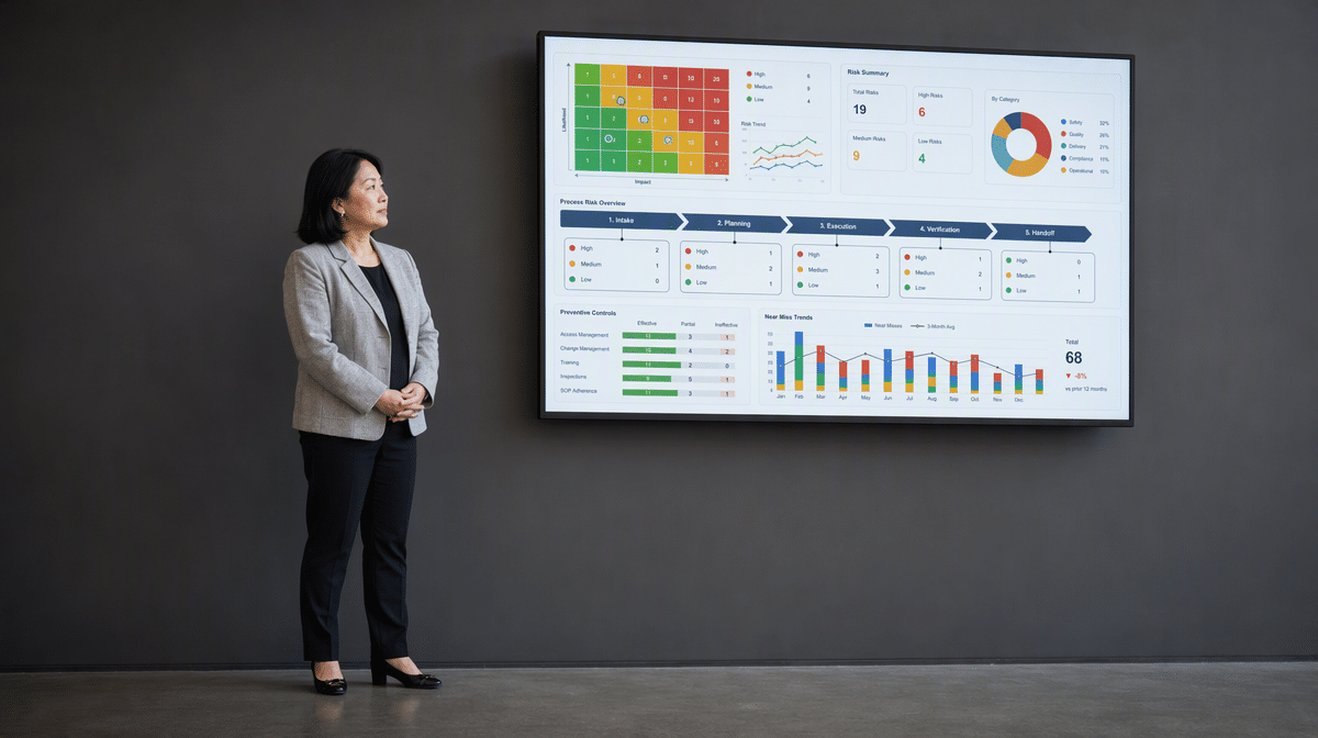 Operations leader reviewing process risks and near miss trends