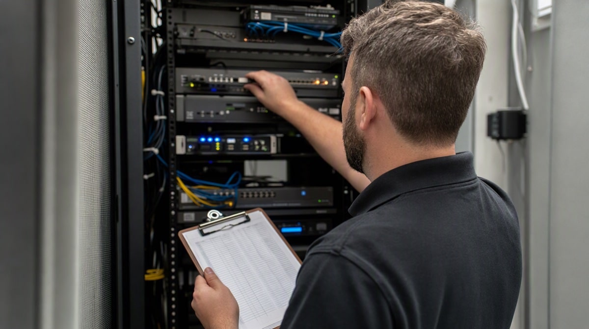 IT manager with a clipboard checking a network switch in a small server closet against a printed equipment inventory