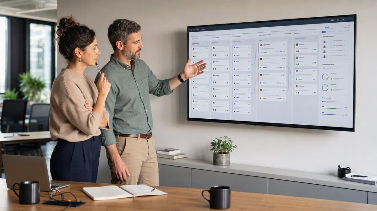 Operations leaders comparing Wrike alternatives on a workplace display