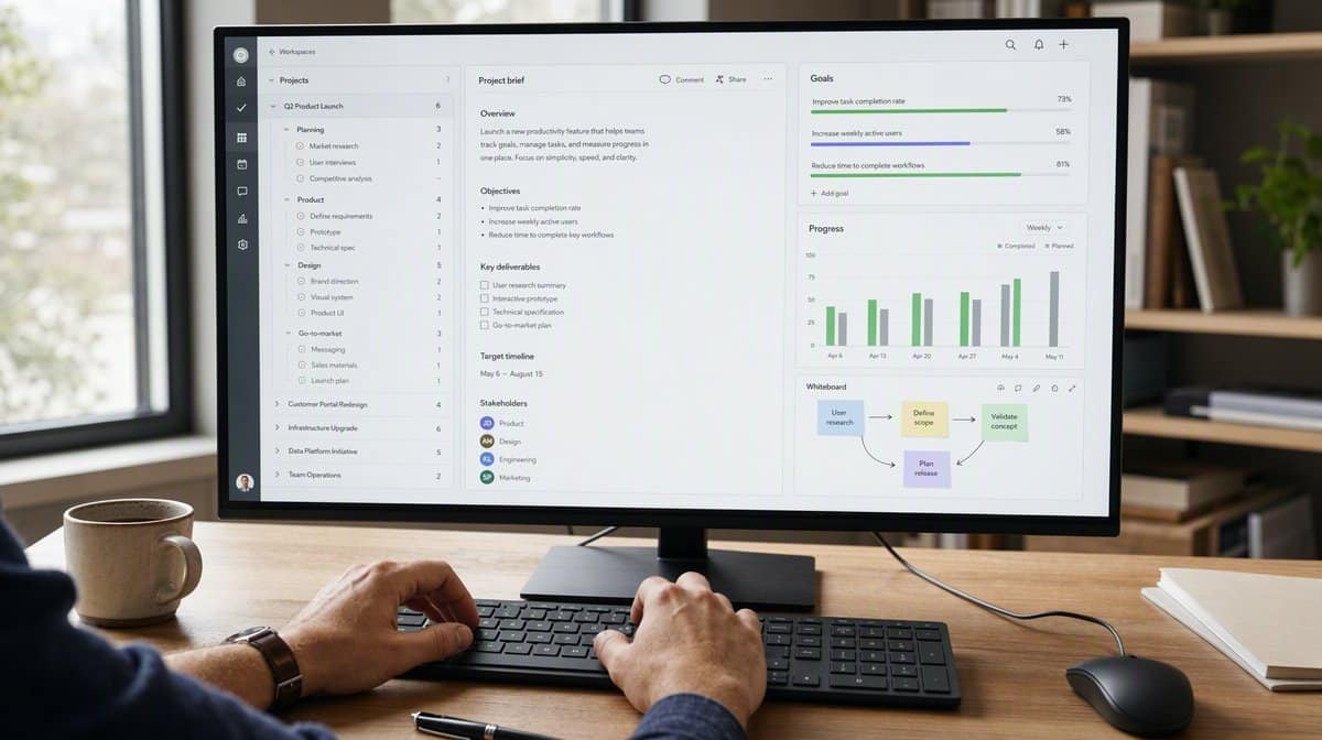 ClickUp work management interface in a realistic workplace