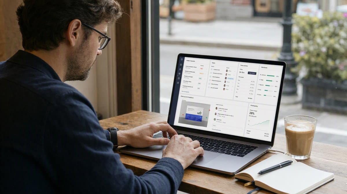 Teamwork.com work management interface in a realistic workplace