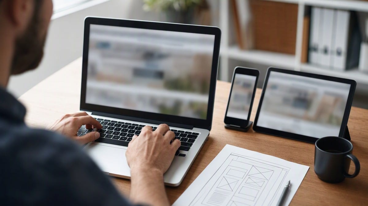 Web developer testing a responsive small business website on a laptop, phone and tablet