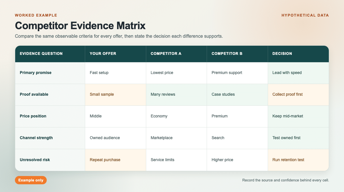 Hypothetical competitor evidence matrix comparing offer, proof, price, channel, and risk