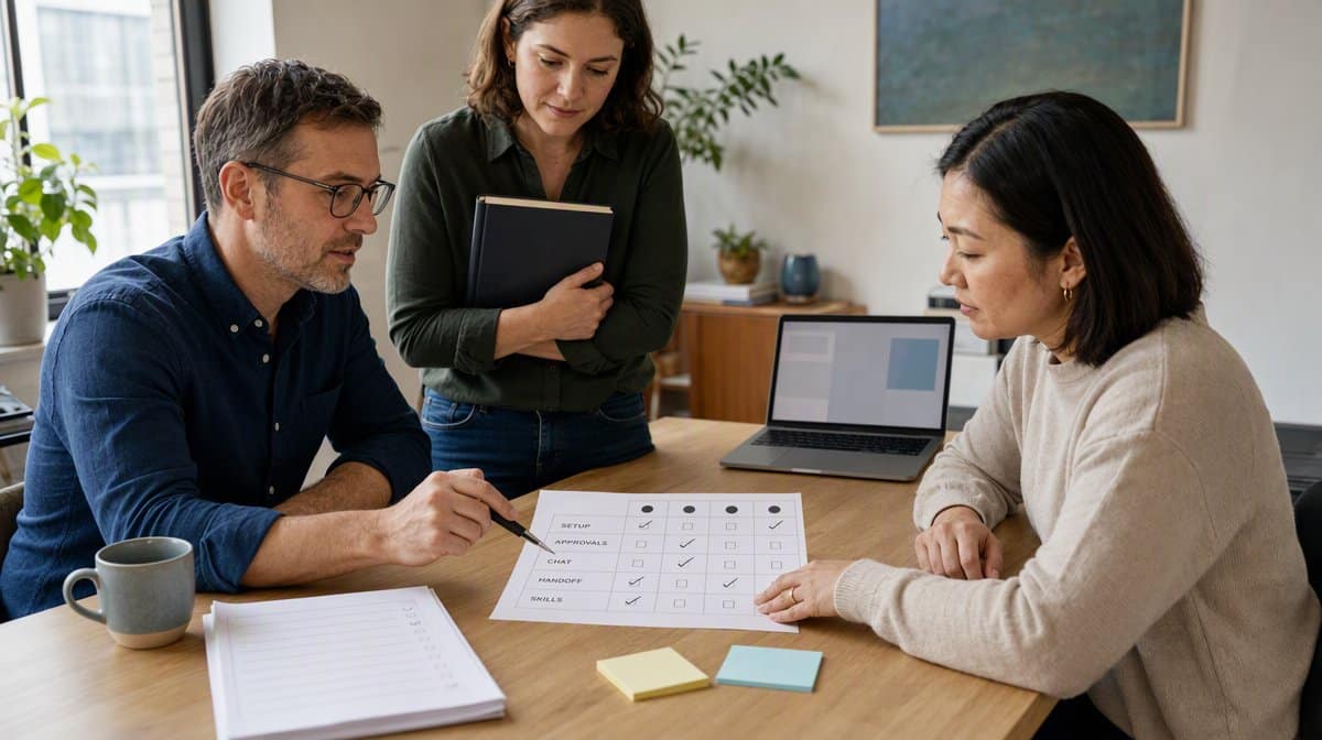Small-business team comparing AI employee alternatives with a decision scorecard
