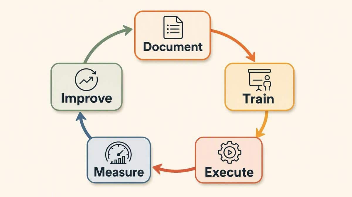 Franchise-style operating system moving from documented procedures through training, execution, measurement, and improvement