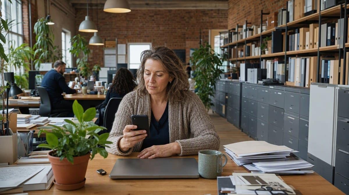 Office manager approving a multifactor sign-in on her phone beside a closed laptop and a hardware security key