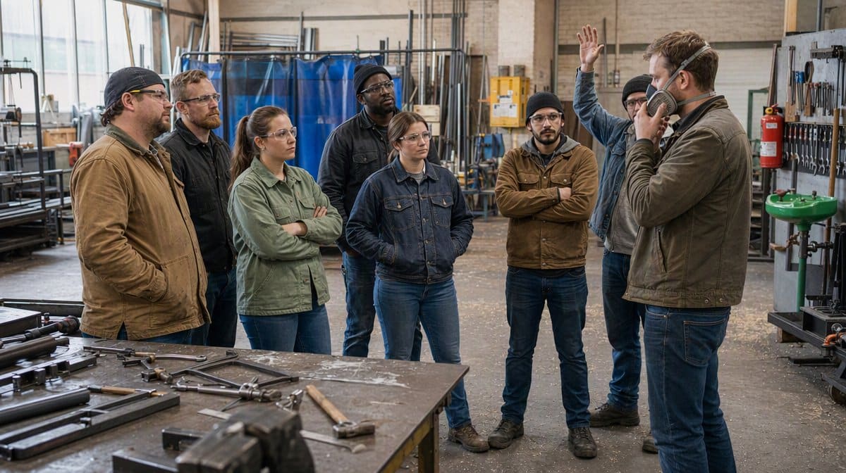 Trainer showing a group of workshop employees how to fit a half-face respirator during a safety training session