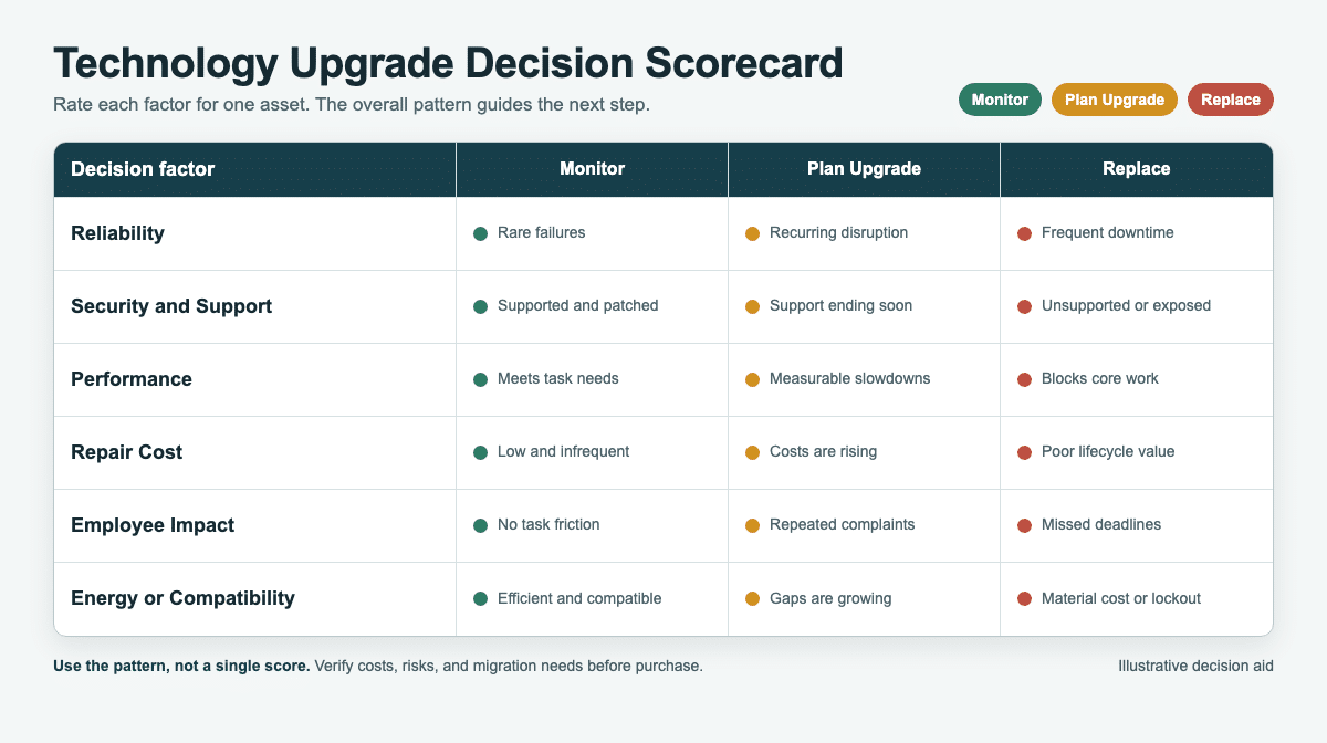 Technology upgrade decision scorecard comparing reliability, security, performance, repair cost, employee impact, and compatibility
