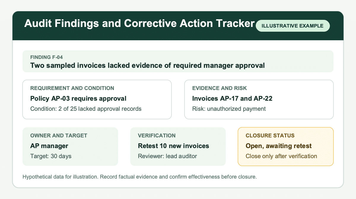 Illustrative audit findings tracker with evidence, corrective action owners, target dates, and verification
