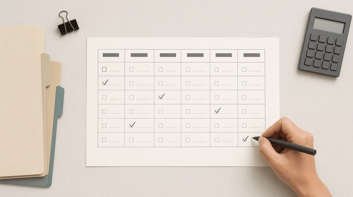 Internal control documentation matrix with evidence folders and approval checkmarks