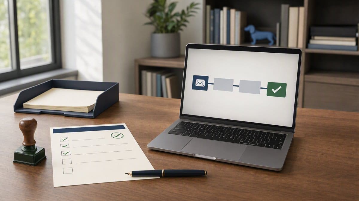 Small-business team reviewing an email-to-procedure handoff at a desk