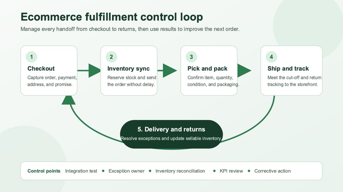 Ecommerce fulfillment control loop from checkout through delivery and returns