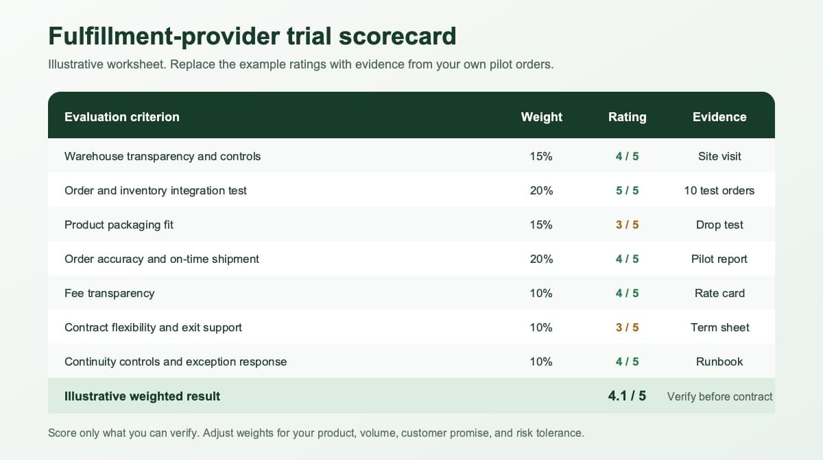 Illustrative ecommerce fulfillment provider scorecard with operational evaluation criteria