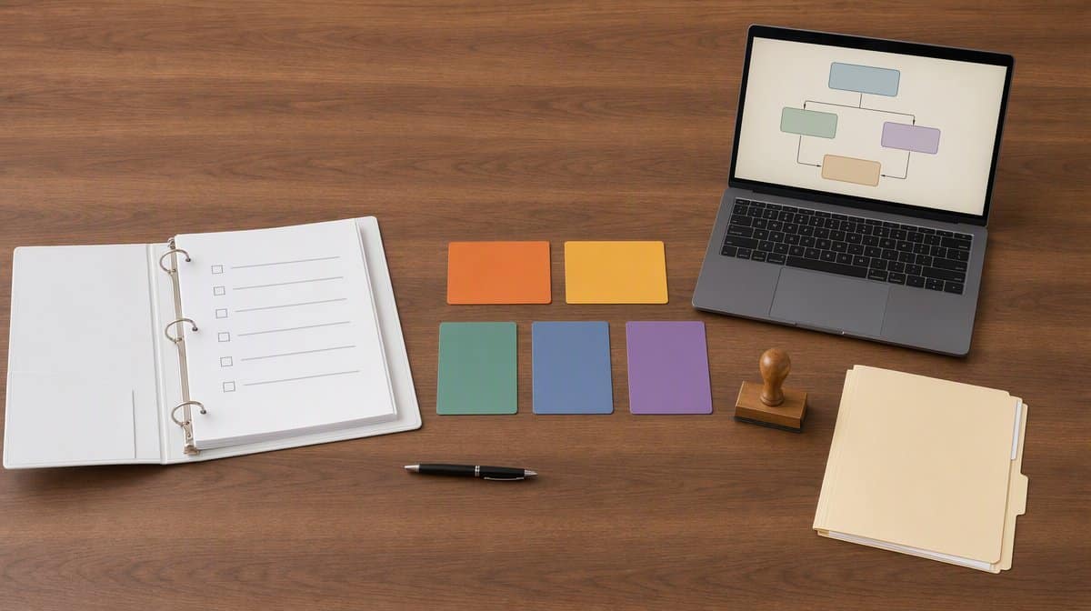 Operations manager comparing Next Matter alternatives with a procedure binder and decision cards