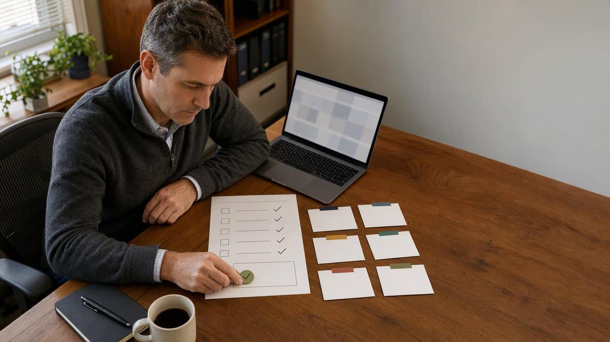 Small-business operations manager comparing Relevance AI alternatives with a printed procedure pilot scorecard