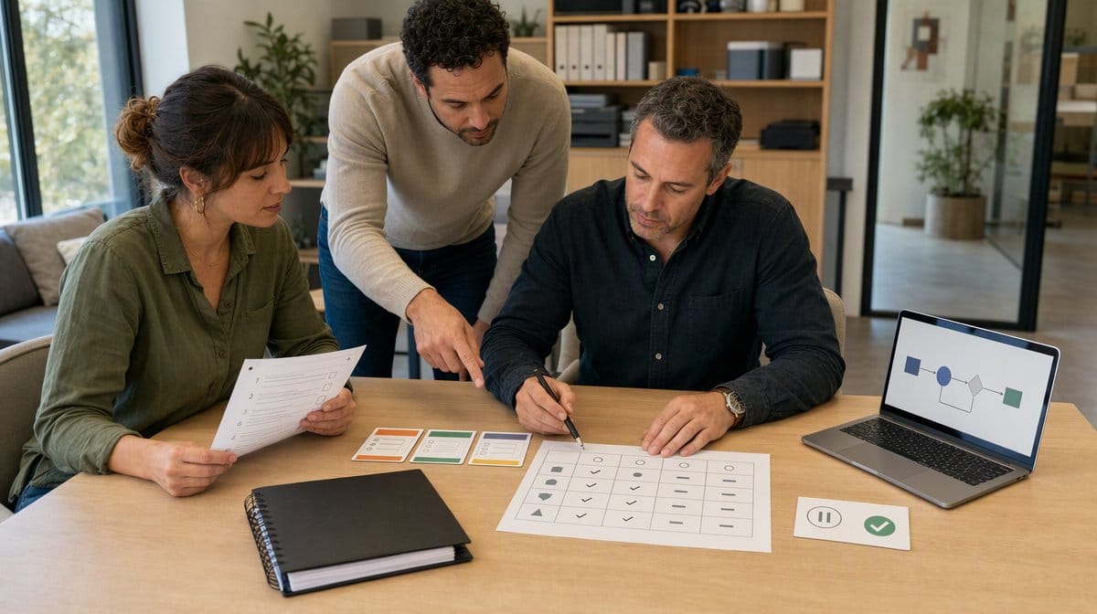 Small-business operations team comparing Sana alternatives with a printed procedure scorecard