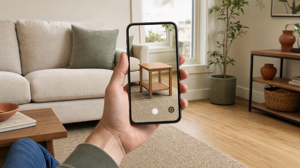 Illustrative augmented reality shopping view on a phone display