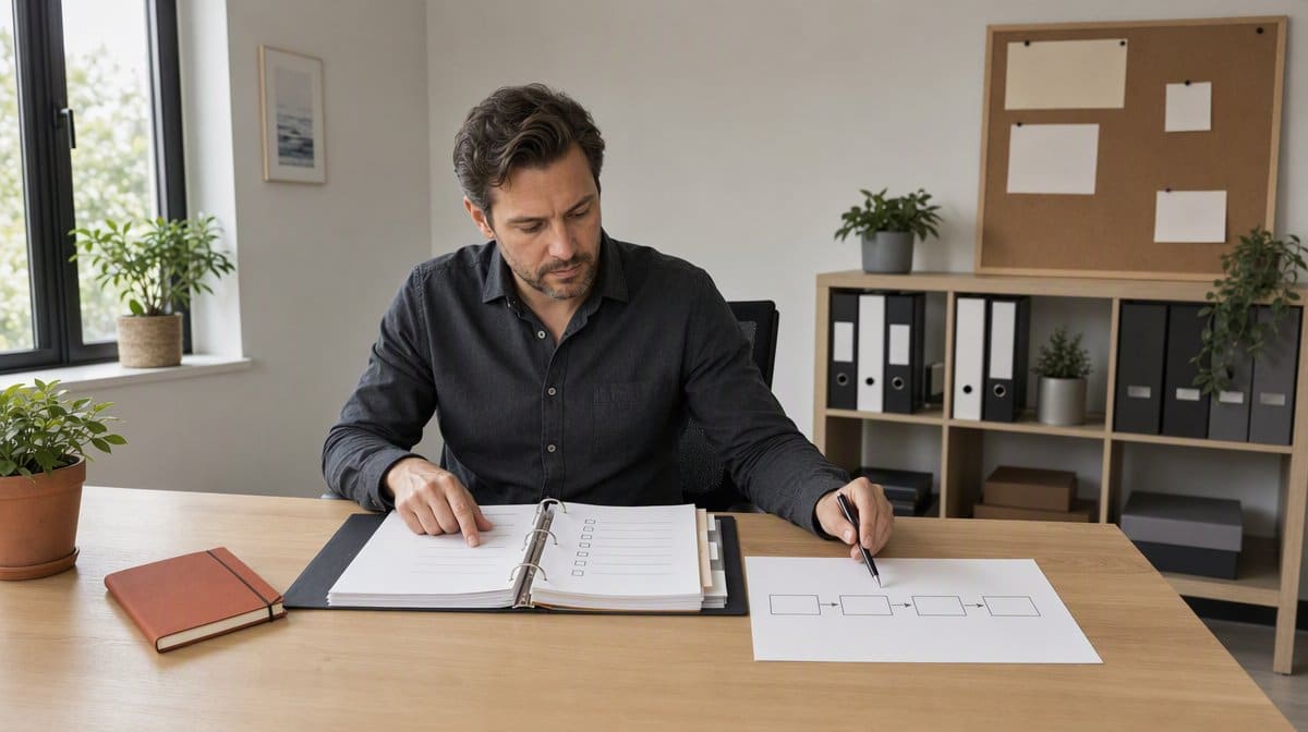 Operations manager comparing a procedure binder with a workflow diagram