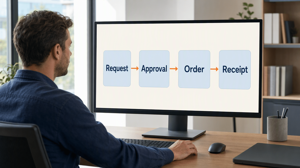 Illustrative project purchasing workflow from request and approval through order and receipt