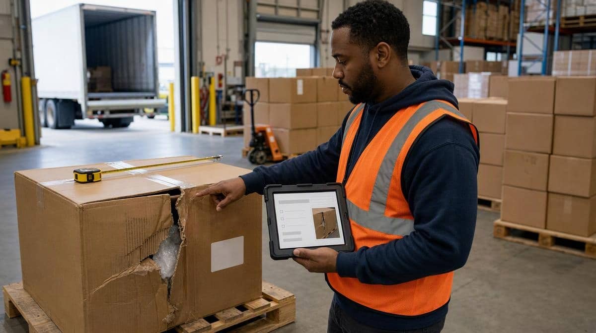 Receiving employee documenting freight damage before filing a shipping claim