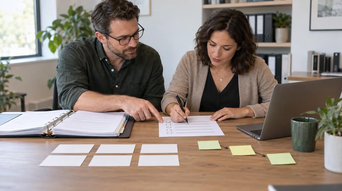 Operations team comparing a procedure checklist, decision cards, and connected handoffs